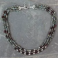 Labradorite and garnet strand necklace, 'Fire and Mist' - Multi-Strand Handcrafted Garnet and Labradorite Necklace