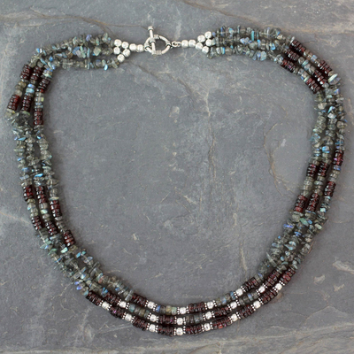 Labradorite and garnet strand necklace, 'Fire and Mist' - Labradorite and garnet beaded bracelet