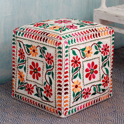 Embroidered cotton ottoman cover, 'Barmer Blooms' - Multicolored Embroidery Square Ottoman Cover