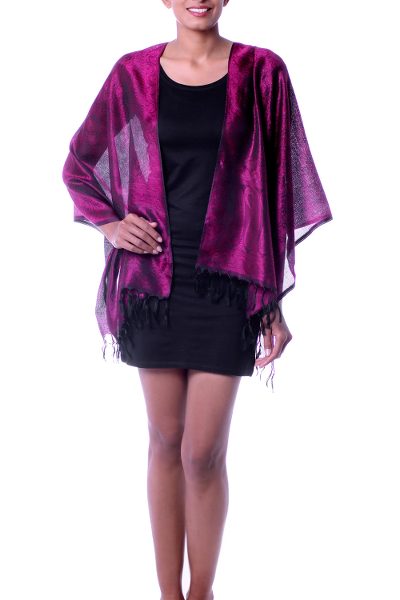 Varanasi silk shawl, 'Violet Lavender' - Hand Woven Floral Shawl Wrap