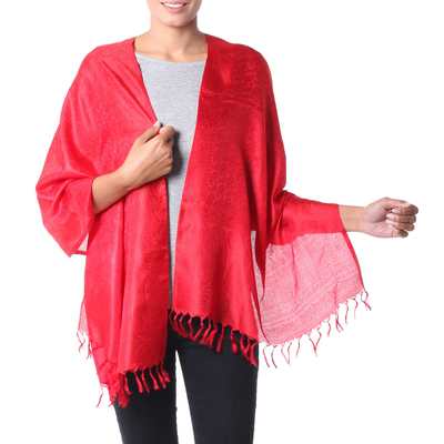 Varanasi silk shawl, 'Woman in Red' - Scarlet Wrap Handcrafted Varanasi Silk Shawl India
