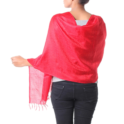 Varanasi silk shawl, 'Woman in Red' - Scarlet Wrap Handcrafted Varanasi Silk Shawl India