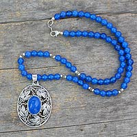Chalcedony pendant necklace, 'Mughal Garden' - Blue Chalcedony Sterling Silver Necklace