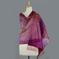 Silk shawl, 'Orchid Fantasy' - Purple Silk Shawl Wrap with Red and Yellow Accents