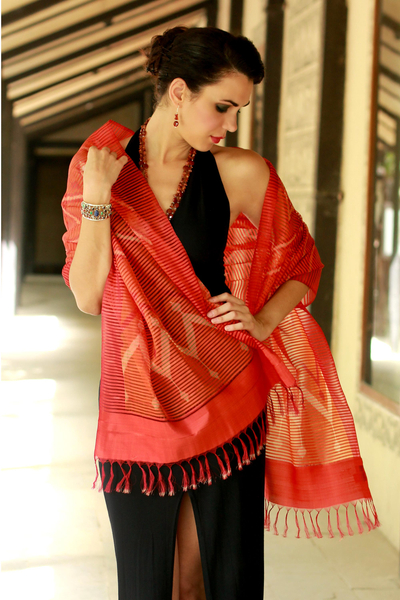 Silk shawl, 'Twilight Fantasy' - Red Silk Shawl Wrap from India