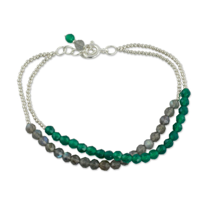 Beaded Silver Bracelet with Labradorite and Green Onyx