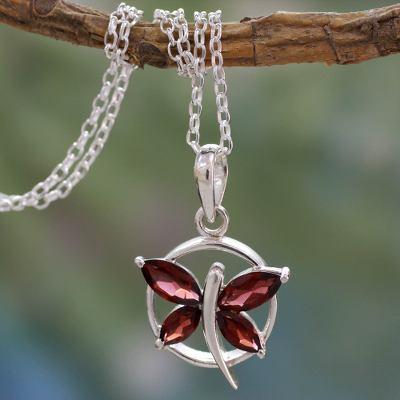 Garnet pendant necklace, 'Renewal' - Garnet Butterfly Sterling Silver Necklace