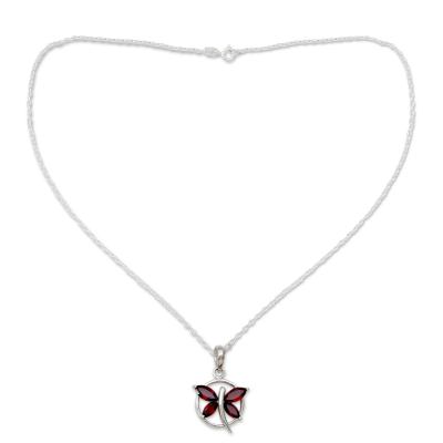 Garnet pendant necklace, 'Renewal' - Garnet Butterfly Sterling Silver Necklace