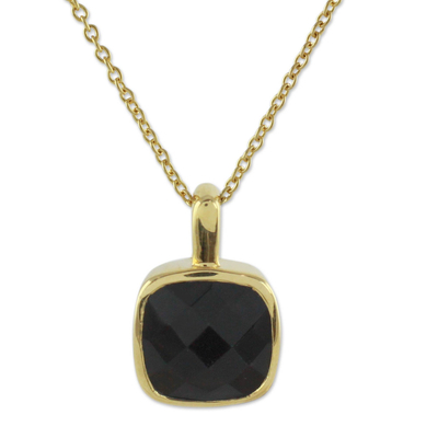 Gold vermeil onyx pendant necklace, 'Modern Charm' - Hand Made Gold Vermeil Faceted Onyx Necklace