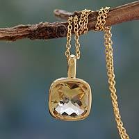 Gold vermeil citrine pendant necklace, 'Modern Charm' - Hand Made Gold Vermeil Faceted Citrine Necklace