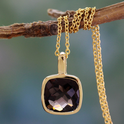 Gold vermeil smoky quartz pendant necklace, 'Modern Charm' - Hand Made Gold Vermeil Faceted Smoky Quartz Necklace