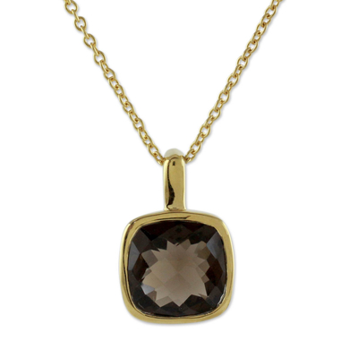 Gold vermeil smoky quartz pendant necklace, 'Modern Charm' - Hand Made Gold Vermeil Faceted Smoky Quartz Necklace