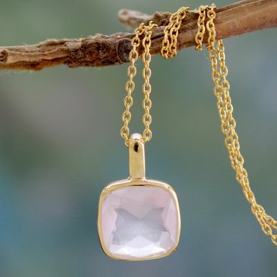 Gold vermeil rose quartz pendant necklace, 'Modern Charm' - Hand Made Gold Vermeil Faceted Rose Quartz Necklace