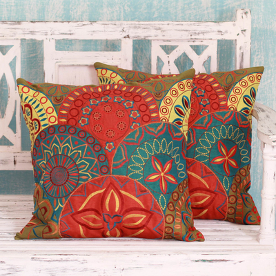 Applique cushion covers, 'Glorious' (pair) - 2 Orange and Teal Embroidered Applique Cushion Covers