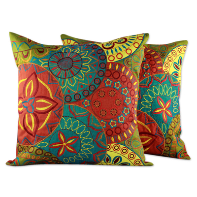 2 Orange and Teal Embroidered Applique Cushion Covers