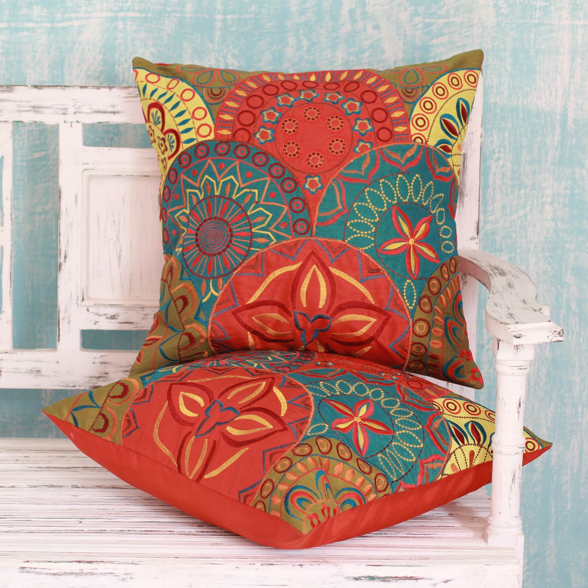 2 Orange and Teal Embroidered Applique Cushion Covers Glorious NOVICA