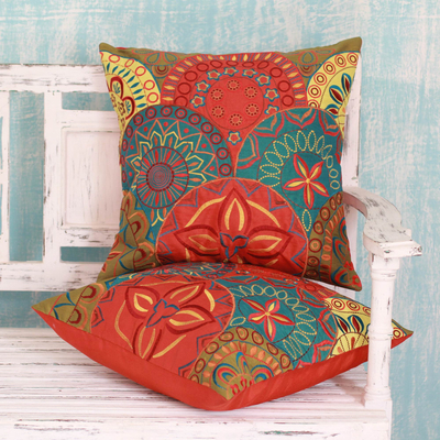 Applique cushion covers, 'Glorious' (pair) - 2 Orange and Teal Embroidered Applique Cushion Covers