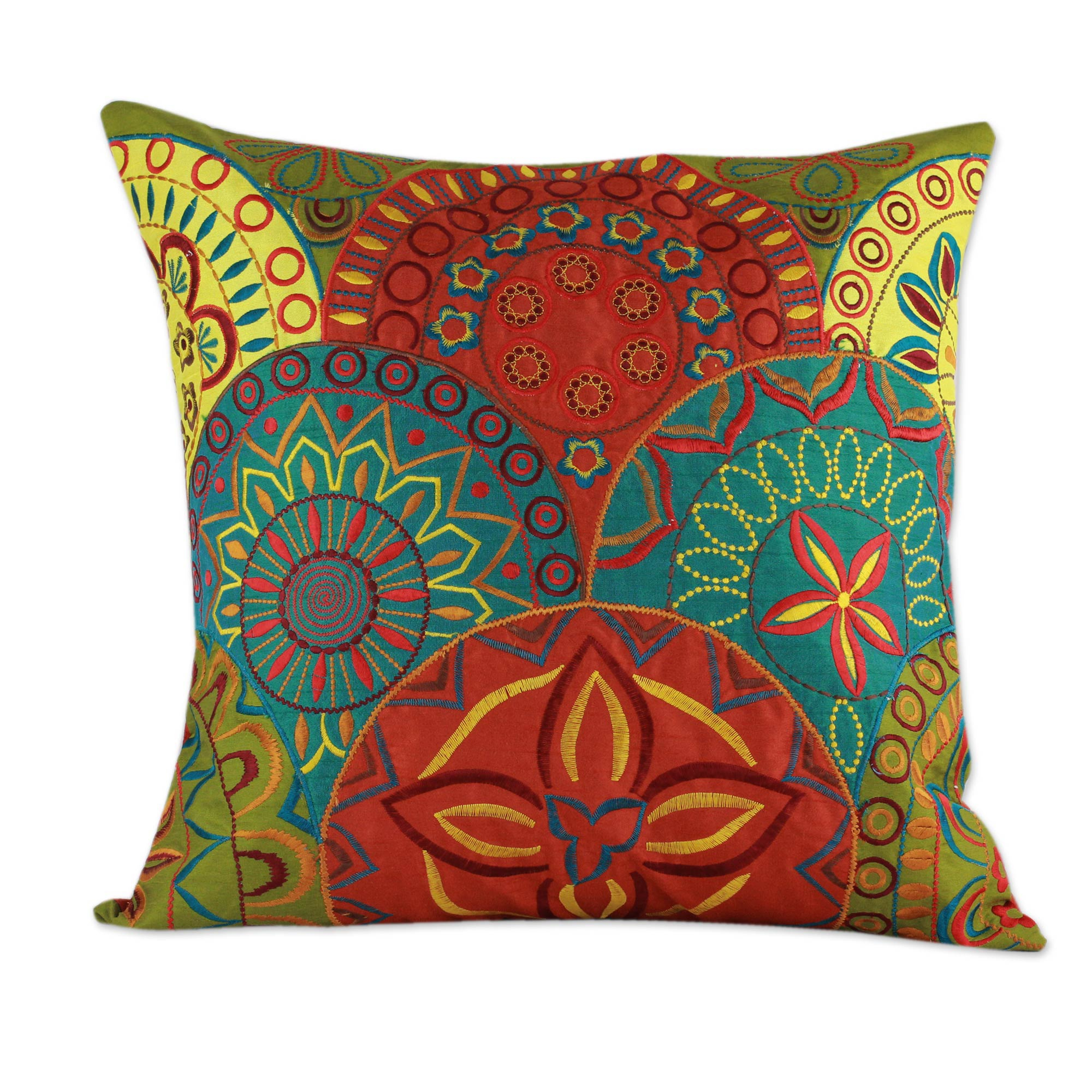 2 Orange and Teal Embroidered Applique Cushion Covers - Glorious | NOVICA