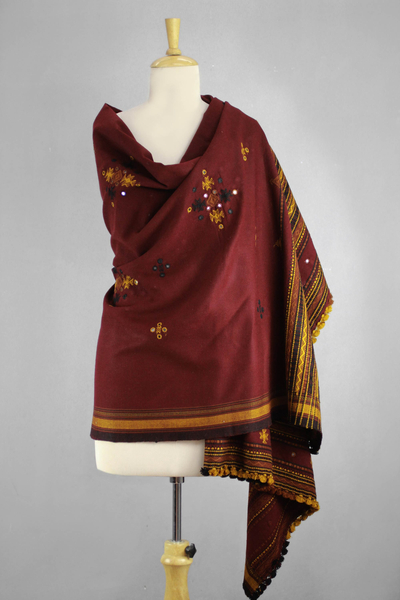 Handwoven shawl, 'Gujarat Muse' - Burgundy Handwoven Gujrati Shawl with Mirror Work