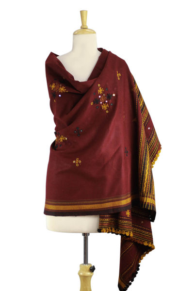 Handwoven shawl, 'Gujarat Muse' - Burgundy Handwoven Gujrati Shawl with Mirror Work