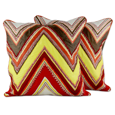 Applique cushion covers, 'Zigzag Brilliance' (pair) - Embroidered Applique Zigzag Cushion Covers (Pair)