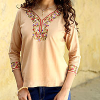 Cotton tunic, 'Desert Floral' - Handcrafted Floral Tan Cotton Tunic