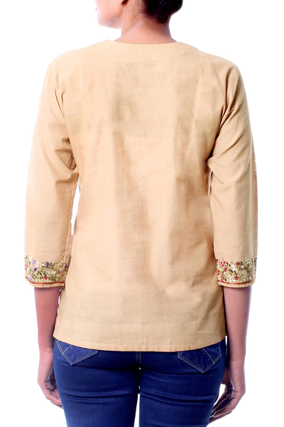 Cotton tunic, 'Desert Floral' - Handcrafted Floral Tan Cotton Tunic