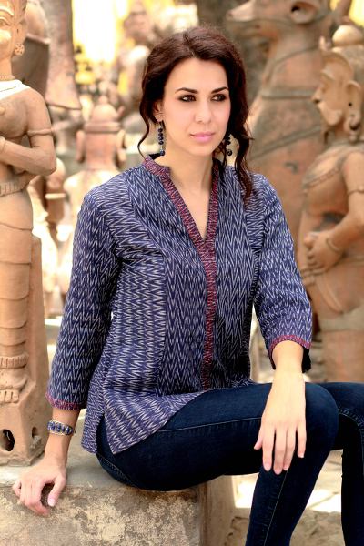 Cotton tunic, 'Blue Lightning' - Blue Ikat Handwoven Cotton Tunic