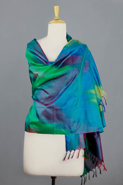 Varanasi silk shawl, 'Cool Color Fusion' - Tie Dye Blue and Green Varanasi Silk Shawl