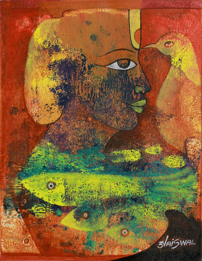 'Uno con la naturaleza' - Pintura expresionista moderna de la India