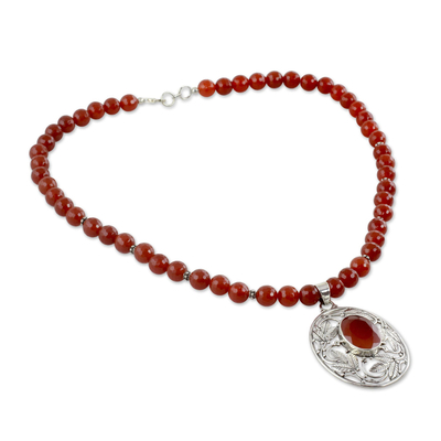 Carnelian pendant necklace, 'Mughal Garden' - Indian Carnelian and Sterling Silver Necklace
