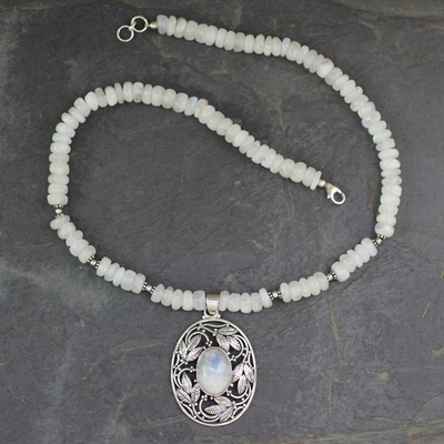 Rainbow moonstone pendant necklace, 'Mughal Garden' - Rainbow Moonstone and Sterling Silver Necklace