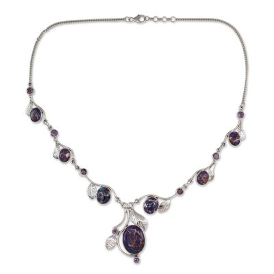 Amethyst Y-necklace, 'Dew Blossom' - Purple Turquoise and Amethyst Handmade Necklace from India