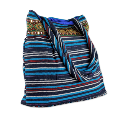 Cotton shoulder bag, 'Gujarat Blue Fantasy' - Hand-loomed Cotton Shoulder Bag from India