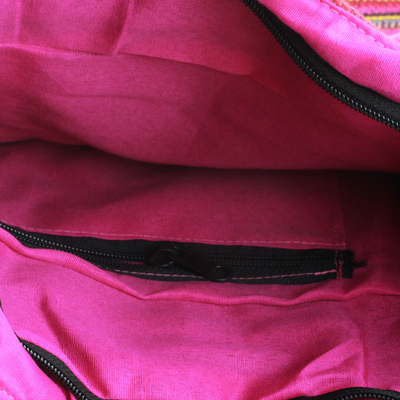 Cotton shoulder bag, 'Gujarat Pink Fantasy' - Hand-loomed Cotton Shoulder Bag from India
