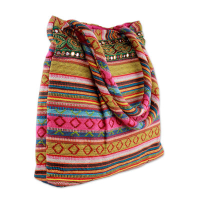 Cotton shoulder bag, 'Pink Gujarat Glam' - Hand-woven Cotton Shoulder Bag