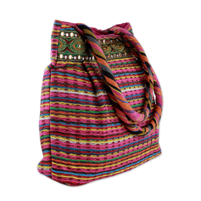 Cotton shoulder bag, 'Dawn Rainbow' - Embellished Handcrafted Cotton Shoulder Bag