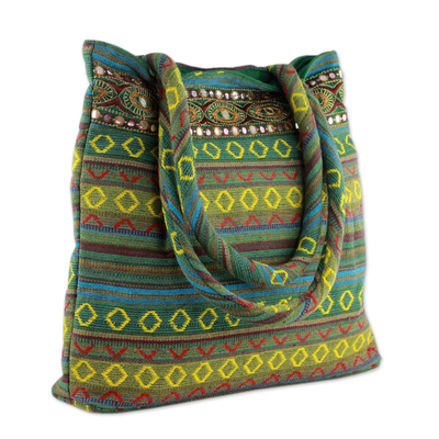 Cotton shoulder bag, 'Green Gujarat Glam' - Handwoven Green Cotton Gujarat Style Shoulder Bag