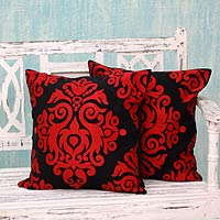 Cotton cushion covers, 'Crimson Beauty' (pair)