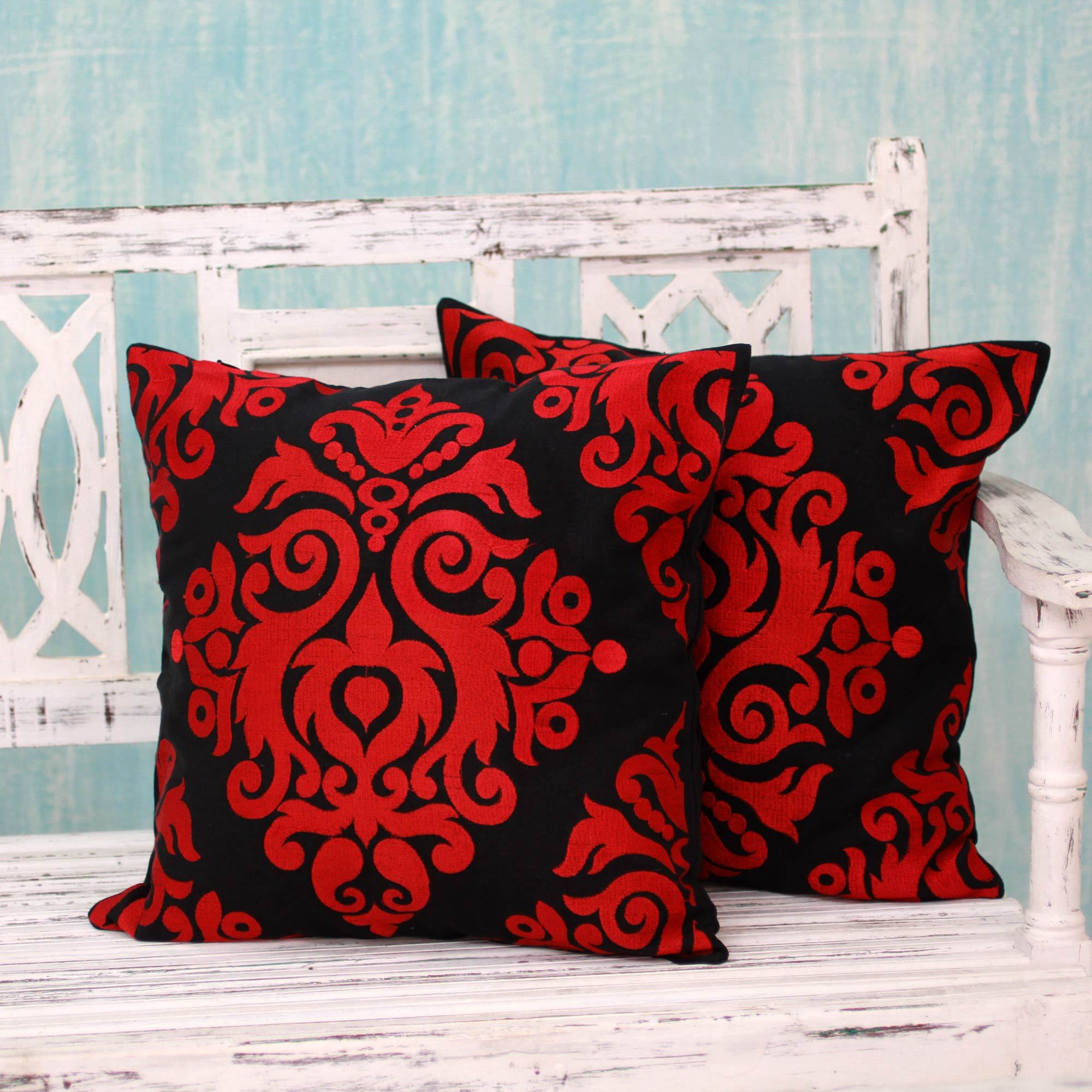 Red and Black Embroidered Cotton Cushion Covers (Pair) Crimson Beauty