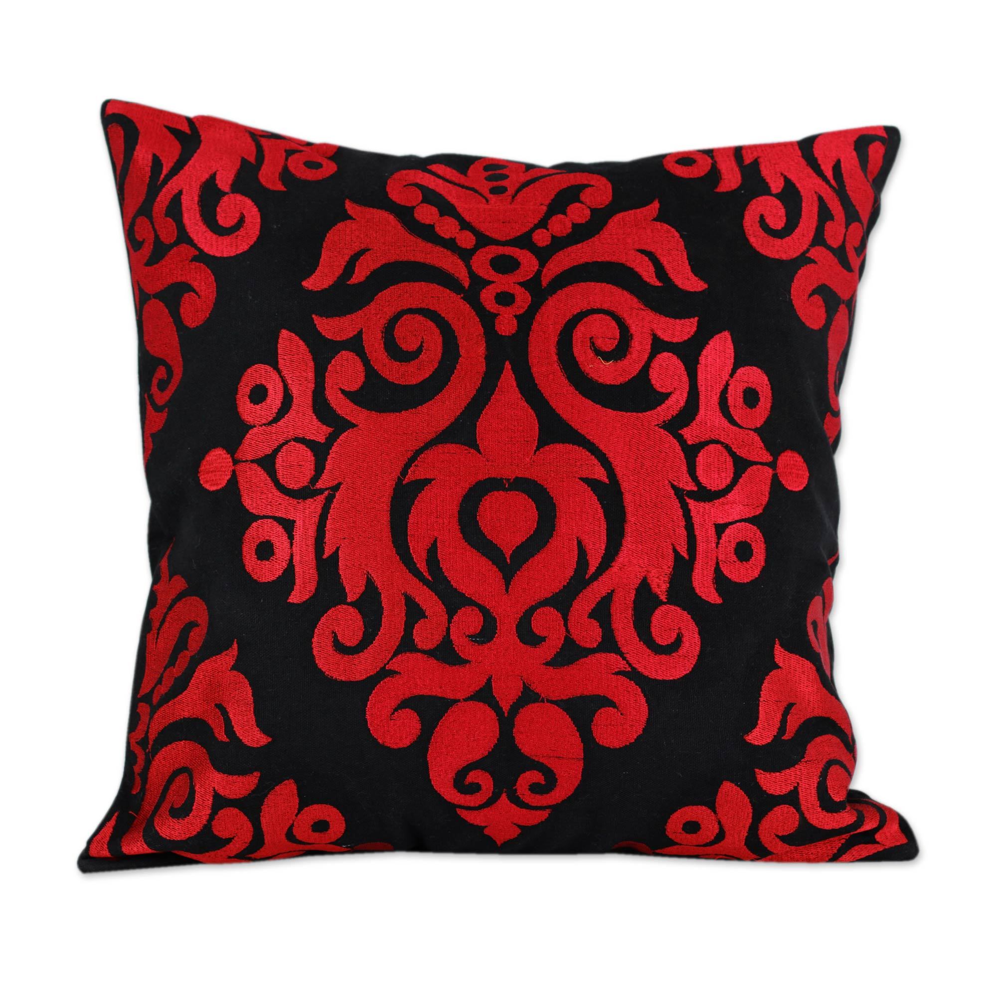 Red and Black Embroidered Cotton Cushion Covers (Pair) Crimson Beauty