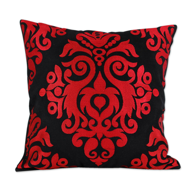 Cotton cushion covers, 'Crimson Beauty' (pair) - Red and Black Embroidered Cotton Cushion Covers (Pair)