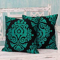 Cotton cushion covers, 'Teal Beauty' (pair) - Teal and Black Embroidered Cotton Cushion Covers (Pair)
