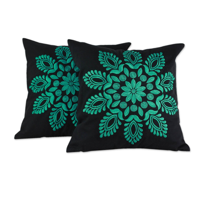 Cotton cushion covers, 'Teal Splendor' (pair) - Teal and Black Embroidered Floral Cushion Covers (Pair)