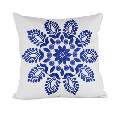 Cotton cushion covers, 'Blue Delhi Splendor' (pair) - Blue and White Embroidered Floral Cushion Covers (Pair)