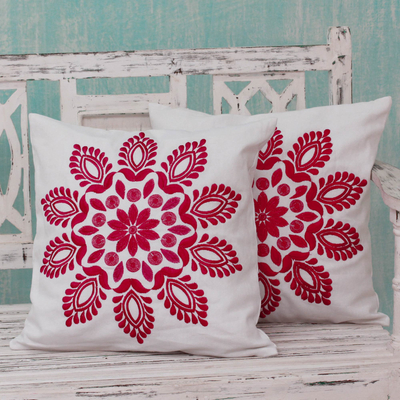 Cotton cushion covers, 'Hot Pink Delhi Splendor' (pair) - Hot Pink and White Embroidered Floral Cushion Covers (Pair)