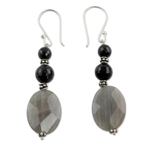 Onyx and labradorite dangle earrings, 'Midnight Mist' - Artisan Made Onyx and Labradorite Earrings