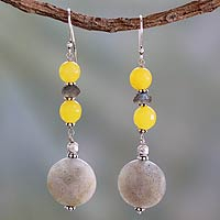 Labradorite dangle earrings, 'Sunshine Mist' - Artisan Crafted Labradorite and Chalcedony Earrings