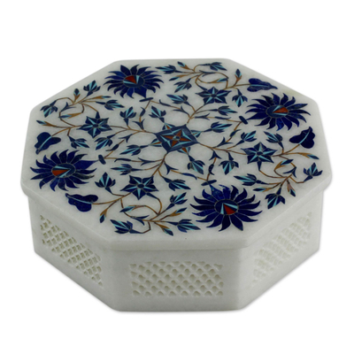Marble inlay jewelry box, 'Blue Bouquet' - Handcrafted Marble Inlay Jewelry Box
