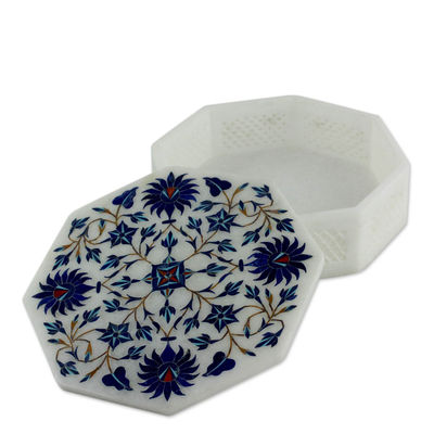 Marble inlay Jewellery box, 'Blue Bouquet' - Handcrafted Marble Inlay Jewellery Box